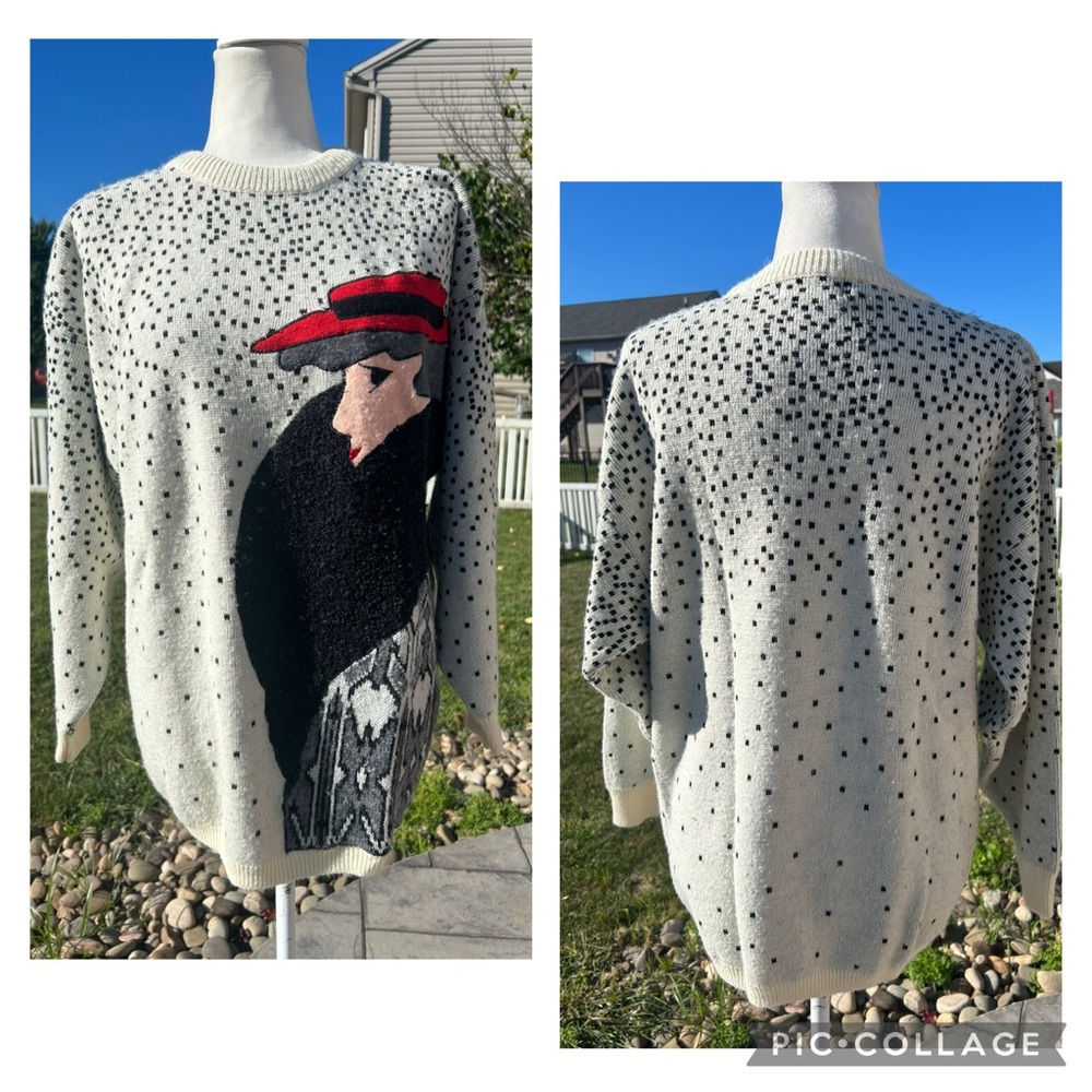 Vintage 80s Tony Lambert woman face red hat slouchy knit sweater art to wear S M
